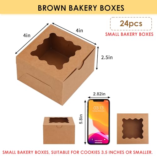 Moretoes 24pcs Small Cookie Boxes with Window, 4x4x2.5In Brown Bakery Boxes - color: Brown