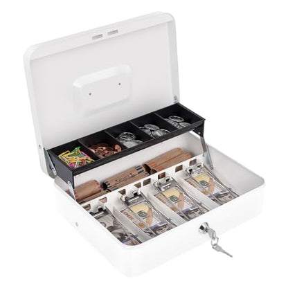Cash Box with Money Tray and Lock, Money Box for Cash, Cash Register for Small Businesses, Metal Lock Box for Money 11.8" x 9.4" x 3.54" White - color: White with Key Lock
