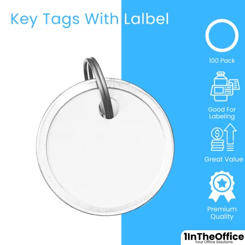 1InTheOffice 100 Pack Metal Key Tags with Split Ring and White Card Labels