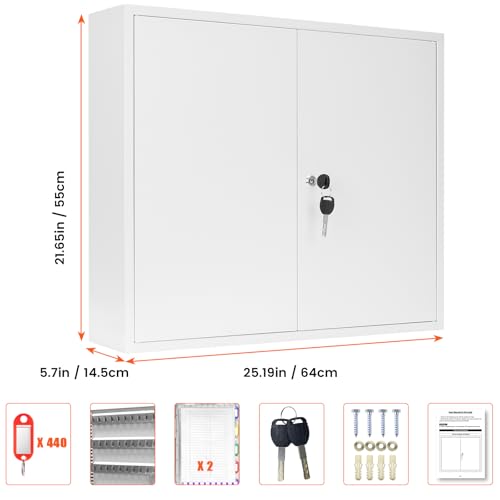 440 Keys Dual-Door Key Lock Box Wall Mount with 20 Adjustable Hook Plates - color: White, size: 440 Keys