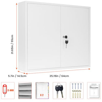 440 Keys Dual-Door Key Lock Box Wall Mount with 20 Adjustable Hook Plates - color: White, size: 440 Keys