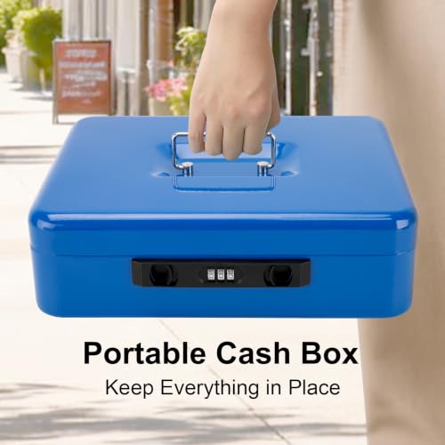 Jssmst Metal Cash Box with Money Tray and Lock, Portable Cash Drawer, 11.8" - color: Blue Code-B