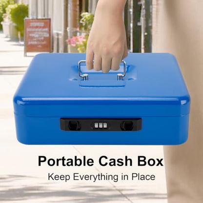 Jssmst Metal Cash Box with Money Tray and Lock, Portable Cash Drawer, 11.8" - color: Blue Code-B
