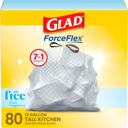 Glad ForceFlex Tall Kitchen Drawstring Trash Bags, 13 Gal, Fragrance Free, 80 Ct (Package May Vary) - size: 80 Count (Pack of 1)