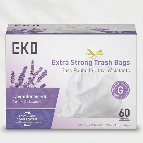 EKO 21 Gallon / 50-90 Liter, 60 Count Drawstring Trash Bags, Extra-Strong Garbage Bags, Lavender Scent with Continuous Odor Control, Easy-Dispense Roll for Kitchen and Household Use, Code G, White - size: 60 Count (Pack of 1), style: 21 Gallon Bags/Code G