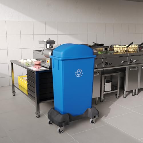 23-Gallon Blue Recycle Slim Trash Can with Swing Dome Lid and Dolly – Heavy-Duty Commercial Waste Bin with Mobile Dolly for Restaurants, Kitchens & Offices