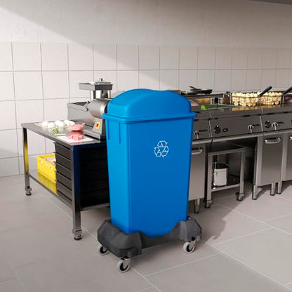 23-Gallon Blue Recycle Slim Trash Can with Swing Dome Lid and Dolly – Heavy-Duty Commercial Waste Bin with Mobile Dolly for Restaurants, Kitchens & Offices