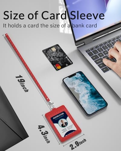 Carbon Fiber Work ID Card Holder with Lanyard, Red - color: Red
