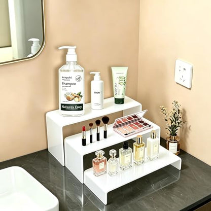 Wider 6 PCs White Acrylic Display Risers, 3 Tier Stand - color: White 4 Inch Wide 6 PCs