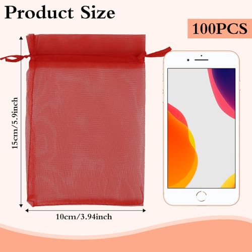 100 Organza Bags, 4x6 inch Mesh Drawstring Bags - Red Sheer Wedding Party Favor Bags for Jewelry, Candy, Party, Christmas, Valentines, Baby Shower - color: Red