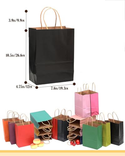 qiqee 200Pcs Medium Paper Gift Bags with Handles - 10.6"x8.3"x4.3" Party Favor Bags - 16 Solid Colors - size: 200 Count (Medium Size)
