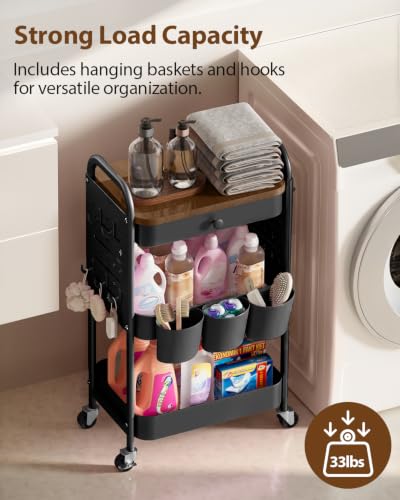 ALVOROG 3 Tier Metal Rolling Cart with Drawer,Wood Top,Pegboards,Black - color: Black