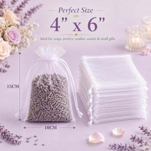 Sukh 100pcs Organza Bags 4''x6'' - White Small Mesh Drawstring Gift Bags - color: White, size: 100 Count (4 x 6 Inches)