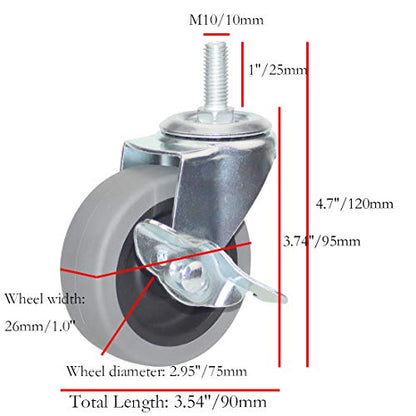 Caster Wheels, 3 Inch Heavy Duty Casters Threaded Stem Casters No Noise Swivel Casters Set of 4 Locking Castor Wheels for Funiture, Workbench, Carts (3 Inch, Metric Size M10-1.50×25mm) - style: M10-1.50×25mm