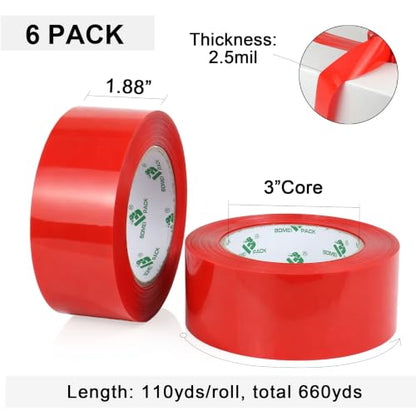 BOMEI PACK Red Packing Tape, 6 Rolls Heavy Duty Packaging Tape for Shipping Packaging Moving Sealing, Thicker 2.52mil Packing Tape, 1.88 inches Wide, 110 Yards Per Roll - color: Red