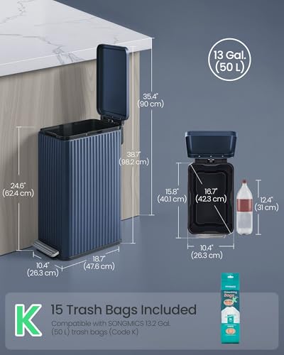 SONGMICS Trash Can, 13 Gallon (50 L) Slim, Stainless Steel, with Lid, Pedal - color: Midnight Blue, size: 13 Gallon (Slim)