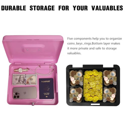 Steel Cash Box with Key Lock, Metal Small Money Organizer with Money Tray,Cash Storage Box with Lockable Cover (Pink - 11.8" x 9.4" x 3.5") - color: Pink - 11.8" x 9.4" x 3.5"