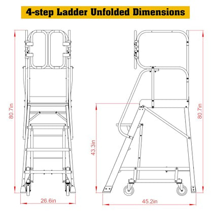 4-Step Aluminum Rolling Platform Ladder 375 LBS Anti-Slip Platform - size: 4 Step