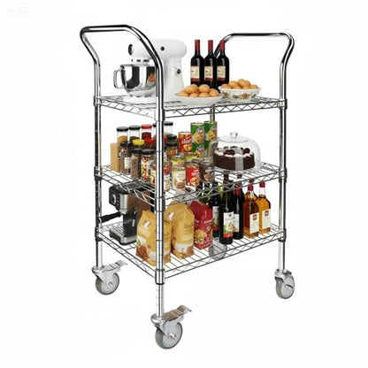 Northsky 3-Shelf Wire Utility Cart on Wheels, Chrome Finish Rolling Metal Shelving with Wheels, 550lb Capacity, 24" x 18" x 44.1", 3 Tier Rolling Cart for Kitchen Bar Storage Use - size: 24