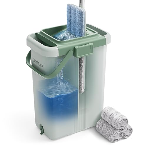JOYMOOP Flat Mop System, Microfiber Mop and Bucket Set, Green, Commercial & Household Floor Cleaning Mop with Long Handle, Includes 3 Reusable 15" Pads - color: S