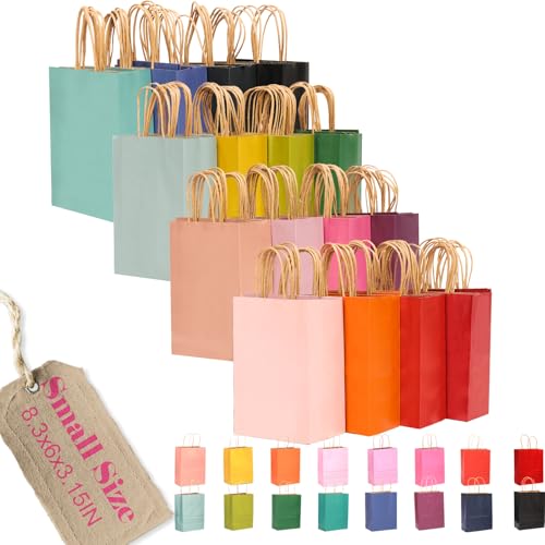 qiqee 100Pcs Small Size Paper Gift Bags with Handles - 8.3"x6"x3.15" Kraft Small Party Bags - 16 Solid Colors - size: 100 Count (Small Size)