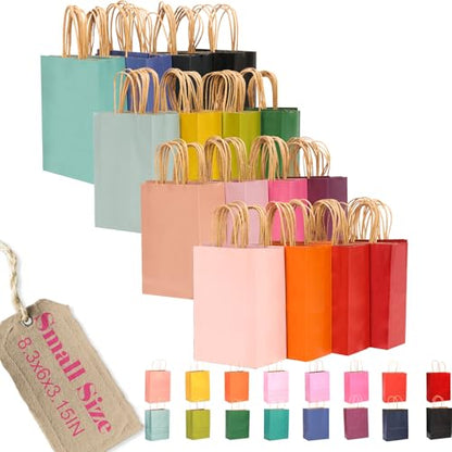 qiqee 100Pcs Small Size Paper Gift Bags with Handles - 8.3"x6"x3.15" Kraft Small Party Bags - 16 Solid Colors - size: 100 Count (Small Size)