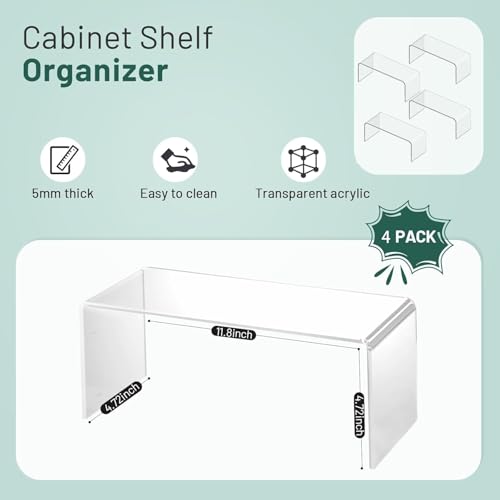 4 Packs Kitchen Cabinet Shelf Organizer, Acrylic Clear Shelf Riser, 5mm Thick Spice Rack for Dishes, Soda Cans and Cup（11.8 x 4.72 x 4.72 Inch） - size: 4 Packs