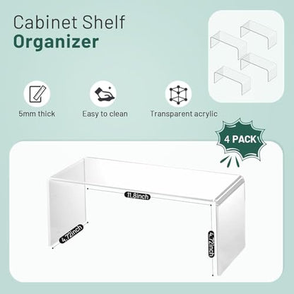 4 Packs Kitchen Cabinet Shelf Organizer, Acrylic Clear Shelf Riser, 5mm Thick Spice Rack for Dishes, Soda Cans and Cup（11.8 x 4.72 x 4.72 Inch） - size: 4 Packs
