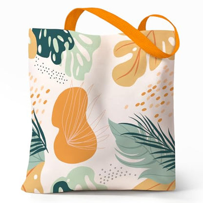 Cute Canvas Tote Bag for Women, Book Totebag with Zipper Pocket - color: Boho Leaves