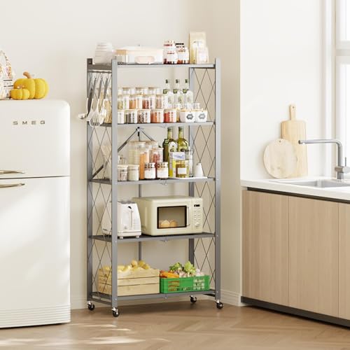 Fenbeli 5-Tier Folding Metal Storage Shelves with Wheels, 750 lb Capacity - color: Grey, size: 5 Tier