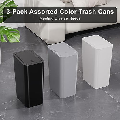 N. NETDOT 3 Pack 10L/2.6 Gal Bathroom Trash Can with Lid, Trash Bin with Press Lid, Small Trash Can/Slim Garbage Cans/Waste Basket for Bathroom,Kitchen,Office,Bedroom - Black,Gray,Off White - color: 2.6gal Black-Gray-Off White