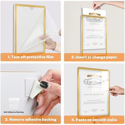 Wall-Mounted Sign Holder 8.5x11, Self-Adhesive Horizontal and Vertical - color: Gold