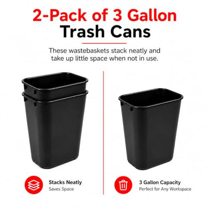 3.5 Gallon Black Wastebasket Under Desk Plastic Trash Can | 2 PACK - size: 3.5 Gallon