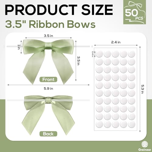50 Pcs Sage Green Satin Ribbon Bows, 3.5" x 3.5", with Twist Ties - color: Sage Green