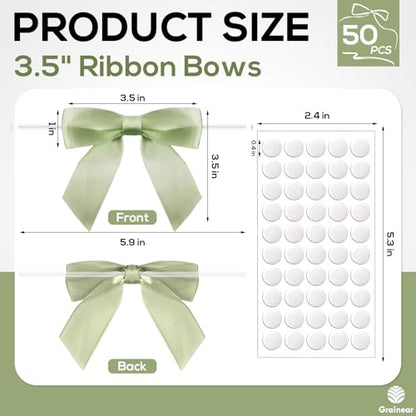 50 Pcs Sage Green Satin Ribbon Bows, 3.5" x 3.5", with Twist Ties - color: Sage Green