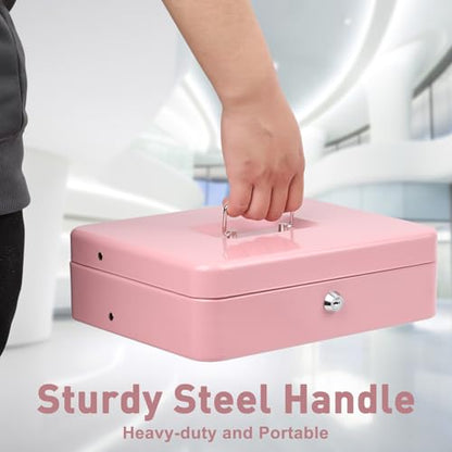 KYODOLED Locking Cash Box with Lock, Money Box with Cash Tray,Lock Safe Box with Key, Money Saving Organizer, 11.81Lx 9.45Wx 3.54H Inches, Pink XL Large - color: Pink