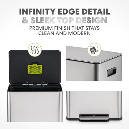 SIMPLI-Magic Infinity Edge 60L / 16 Gallon Kitchen Trash Can - Hands-Free Step Pedal, Soft-Close Lid, Stainless Steel Garbage Can with Inner Bucket - color: Silver, size: 16 Gallon