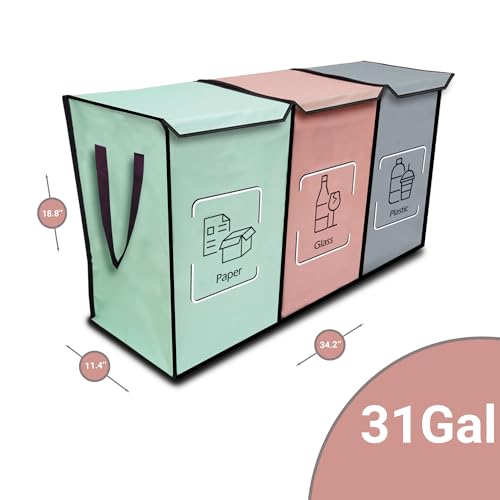 NYIKA - Recycling Organizer - Reusable Recycling Bags - Recycling Sorter - Trash Sorting Bins - 3 Compartment Recycle - Pack of 3 Bags with Lid