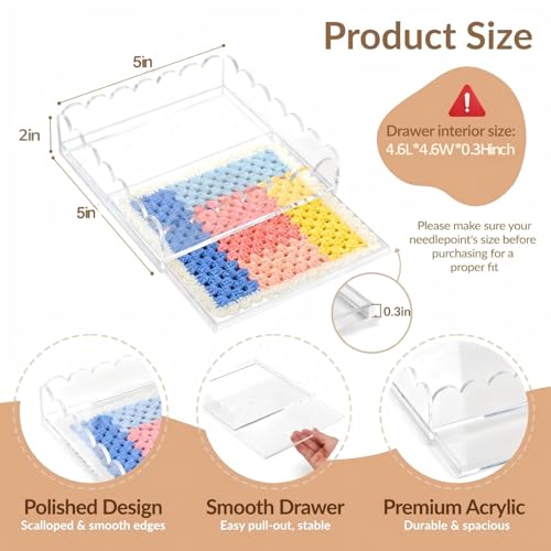 Acrylic Trays for Needlepoint 5" x 5", Scalloped Acrylic Tray with Drawer for Insert Needlepoint, Photos, Art, Fabric, Napkin, Messages Display Basket, Decorative Tray Gift for Home Office - size: 5''x5''x2''