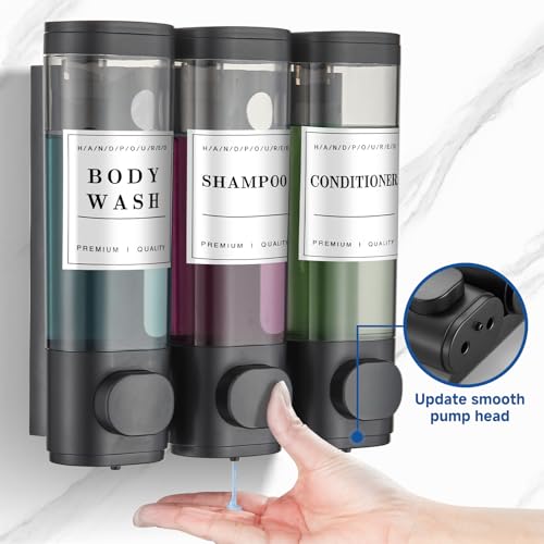 Shampoo and Conditioner Dispenser Shower Dispenser Body Wash Wall Mounted Shampoo Dispenser for Shower Wall No Drill for Bathroom Hotel 3 Chamber x 350ml Black with Waterproof Labels - color: Black 3
