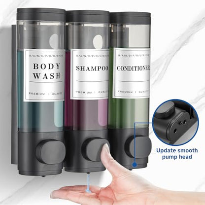 Shampoo and Conditioner Dispenser Shower Dispenser Body Wash Wall Mounted Shampoo Dispenser for Shower Wall No Drill for Bathroom Hotel 3 Chamber x 350ml Black with Waterproof Labels - color: Black 3