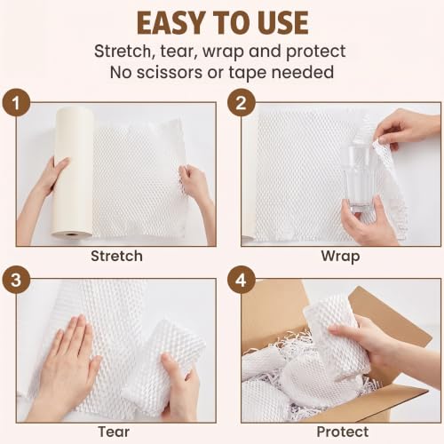 Honeycomb Packing Paper | 15"x197' Heavy Duty Moving & Shipping Paper with Fragile Stickers, Eco-Friendly Recyclable Cushioning Wrap for Furniture, Fragile Items, Gift Packaging & DIY Crafts (White) - color: White