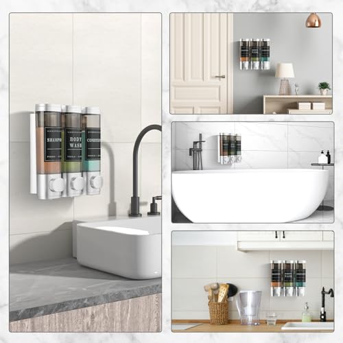 Shower Soap Dispenser Wall Mounted No Drill Shampoo Dispenser for Shower Wall Shampoo and Conditioner Dispenser Bathroom Hotel 3 * 350ml with Waterproof Labels Silver - color: Silver