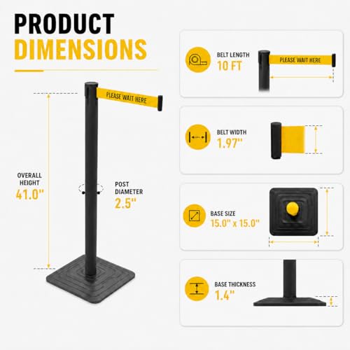 4 Pack Crowd Control Stanchions with 10 FT “Please Wait HERE” Retractable Belts, Black Queue Barrier Posts with Weighted Rubber Bases, 4-Way Connection for Line Control - color: Please Wait HERE, size: Rectangular Base
