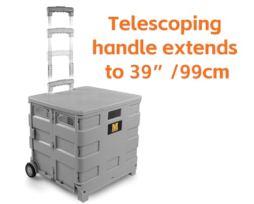 MaxWorks Collapsible Rolling Utility Cart with Lid 80 lb Capacity Folding Dolly with Telescoping Handle Heavy Duty Plastic Crate on Wheels for Shopping Office and Teachers (50876)