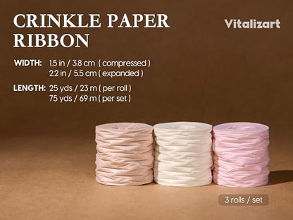 Vitalizart Crinkle Paper Ribbon 1.5" x 75 Yds for Gift Wrapping Recyclable - color: Pink Nude & White