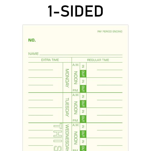 Weekly Time Cards 1-Sided, 3-1/2" x 9", Named Days, 100-Count,Time Cards for Employees, Green Print, Timecards for Time Clocks