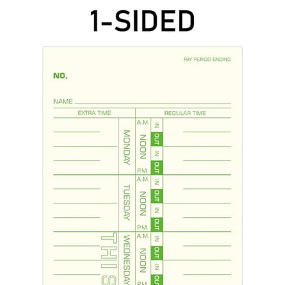 Weekly Time Cards 1-Sided, 3-1/2" x 9", Named Days, 100-Count,Time Cards for Employees, Green Print, Timecards for Time Clocks
