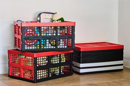Aebeky 3-Pack Plastic Collapsible Storage Crates-30L,Foldable Plastic Crates for Storage (Black+Red) - color: Black+Red