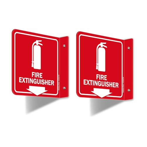 Faittoo Fire Extinguisher Sign, 2 Pack Fire Extinguisher with Down Arrow - 6 x 6 Inches Acrylic Plastic, 2 Pre-Drilled Holes, Includes Matching Screws, Use for Home Office/Business - style: L-shaped 2 Pack